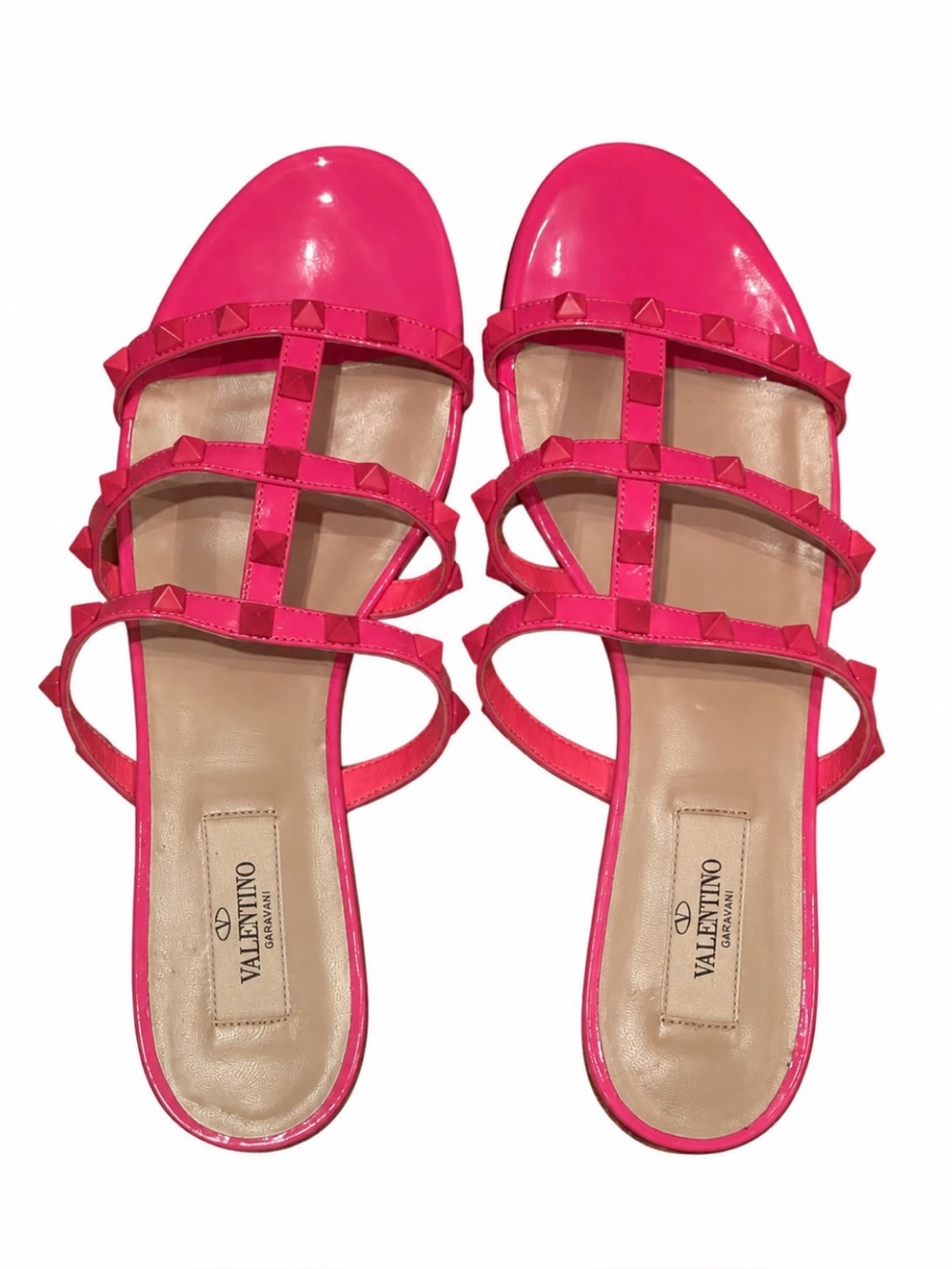 Valentino Garavani Pink Patent Rockstud Strappy Slide Sandals